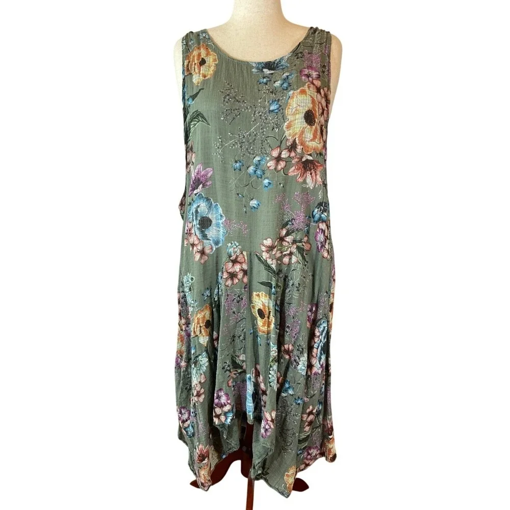 Summer Dress Sleeveless Floral Print Midi Green Handkerchief hem Fairy - Picture 1 of 3